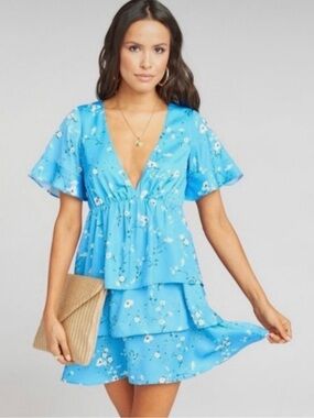 Show Me Your MuMu Bright Blue Floral Tiered V-Neck Mini Dress